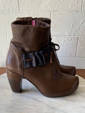 Women's Brown Leather Ankle Booties with Ruffle Strap